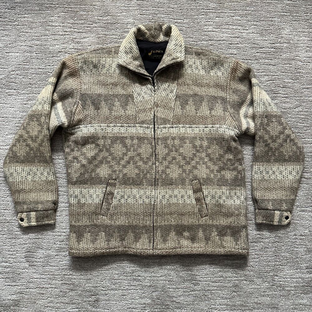 VTG Alpaca Jacket Mens Large Western Aztec 100% Alpaca Wool Peruvian